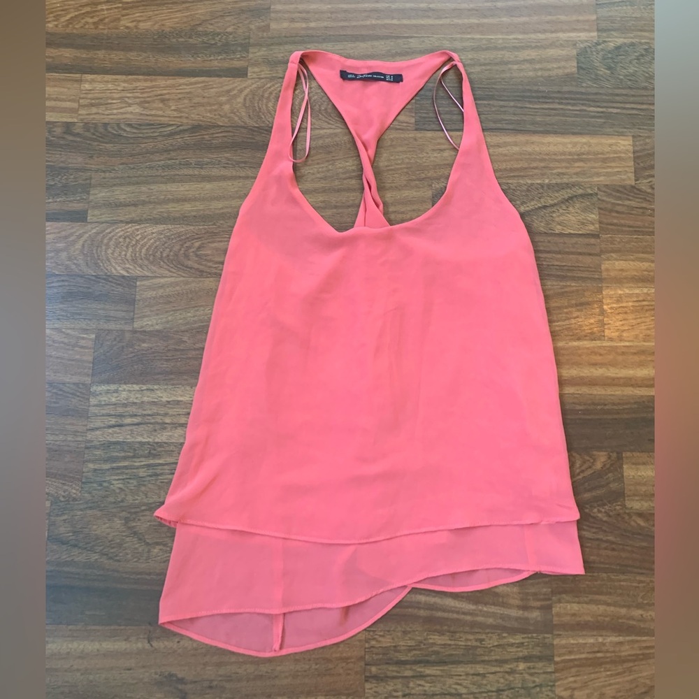 Zara Trafaluc Women’s Medium Dressy Tank Pink Layered Ruffle Twist Back Summer